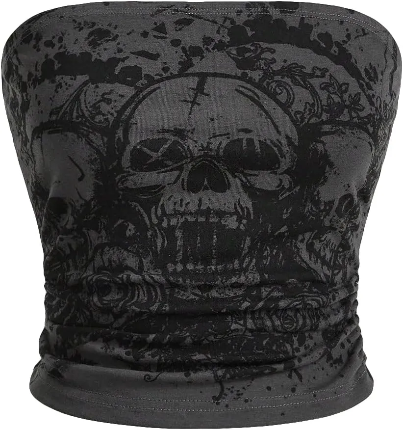 SOLY HUX Women's Y2k Goth Tube Crop Top Skull Print Strapless Sleeveless Bandeau Tops