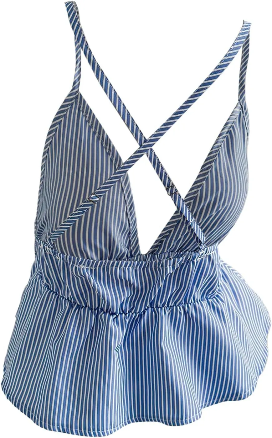 SOLY HUX Women's Y2k Striped Babydoll Camisole Deep V Neck Backless Peplum Cami Tops