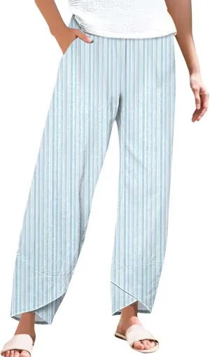 Striped Cotton Linen Pants Women Casual High Waisted Wide Leg Cropped Pant Summer Beach Capri Trousers with Pockets