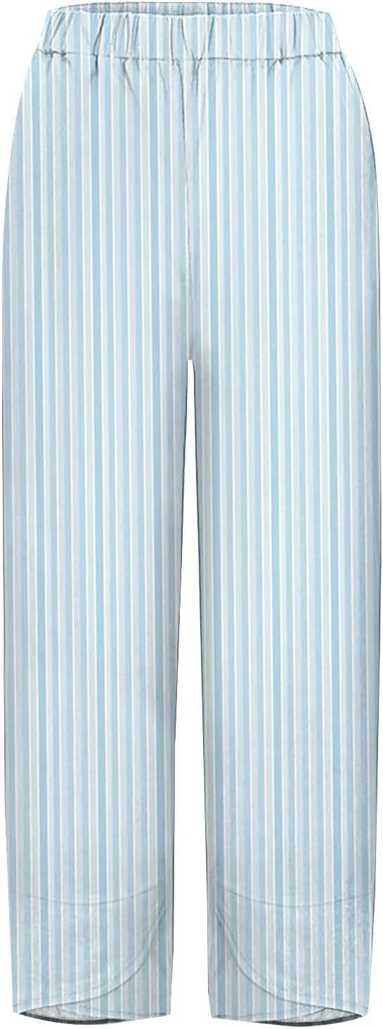 Striped Cotton Linen Pants Women Casual High Waisted Wide Leg Cropped Pant Summer Beach Capri Trousers with Pockets