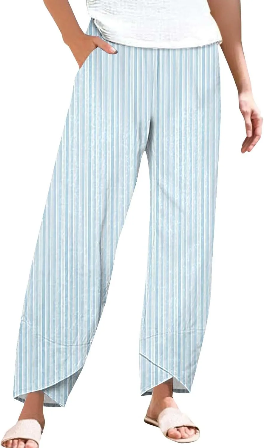 Striped Cotton Linen Pants Women Casual High Waisted Wide Leg Cropped Pant Summer Beach Capri Trousers with Pockets