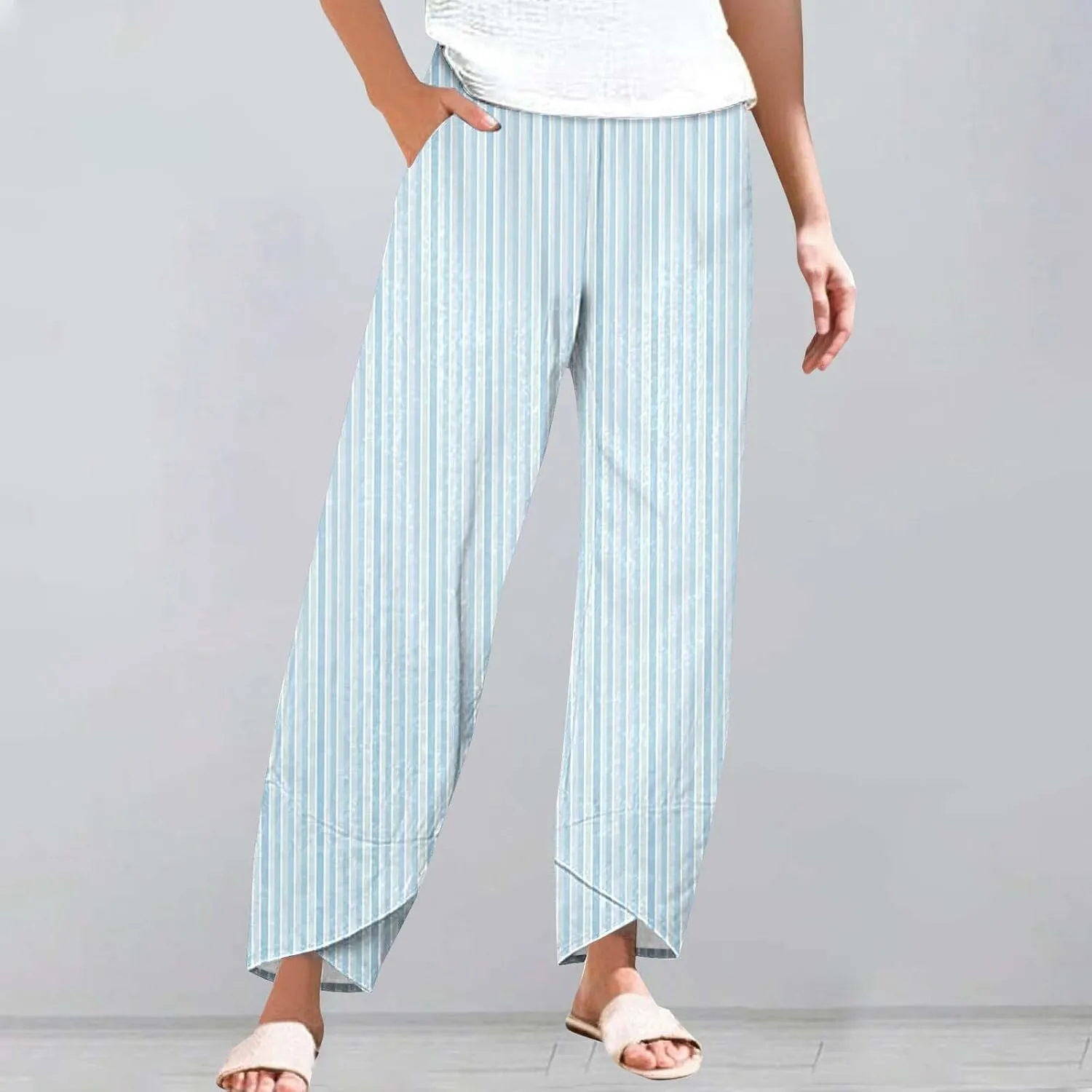 Striped Cotton Linen Pants Women Casual High Waisted Wide Leg Cropped Pant Summer Beach Capri Trousers with Pockets