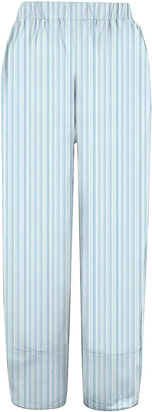 Striped Cotton Linen Pants Women Casual High Waisted Wide Leg Cropped Pant Summer Beach Capri Trousers with Pockets