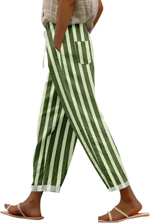 Striped Linen Pants for Women Elastic Waist Capris Petite Beachwear Lightweight Summer Beach Trousers with Pockets