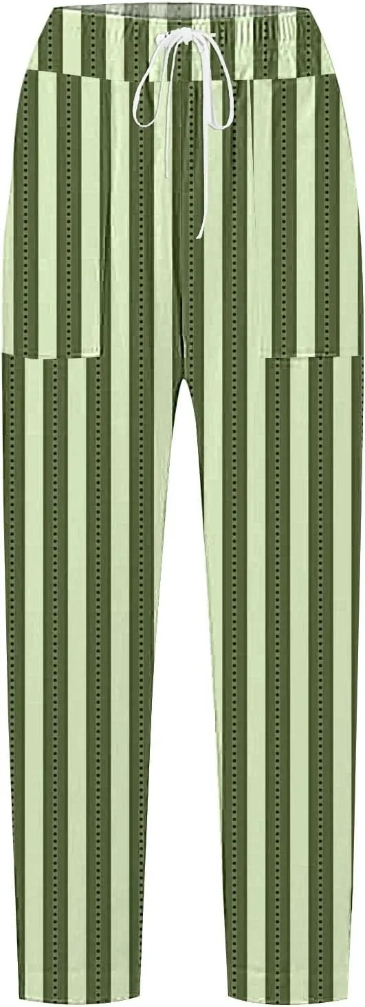 Striped Linen Pants for Women Elastic Waist Capris Petite Beachwear Lightweight Summer Beach Trousers with Pockets