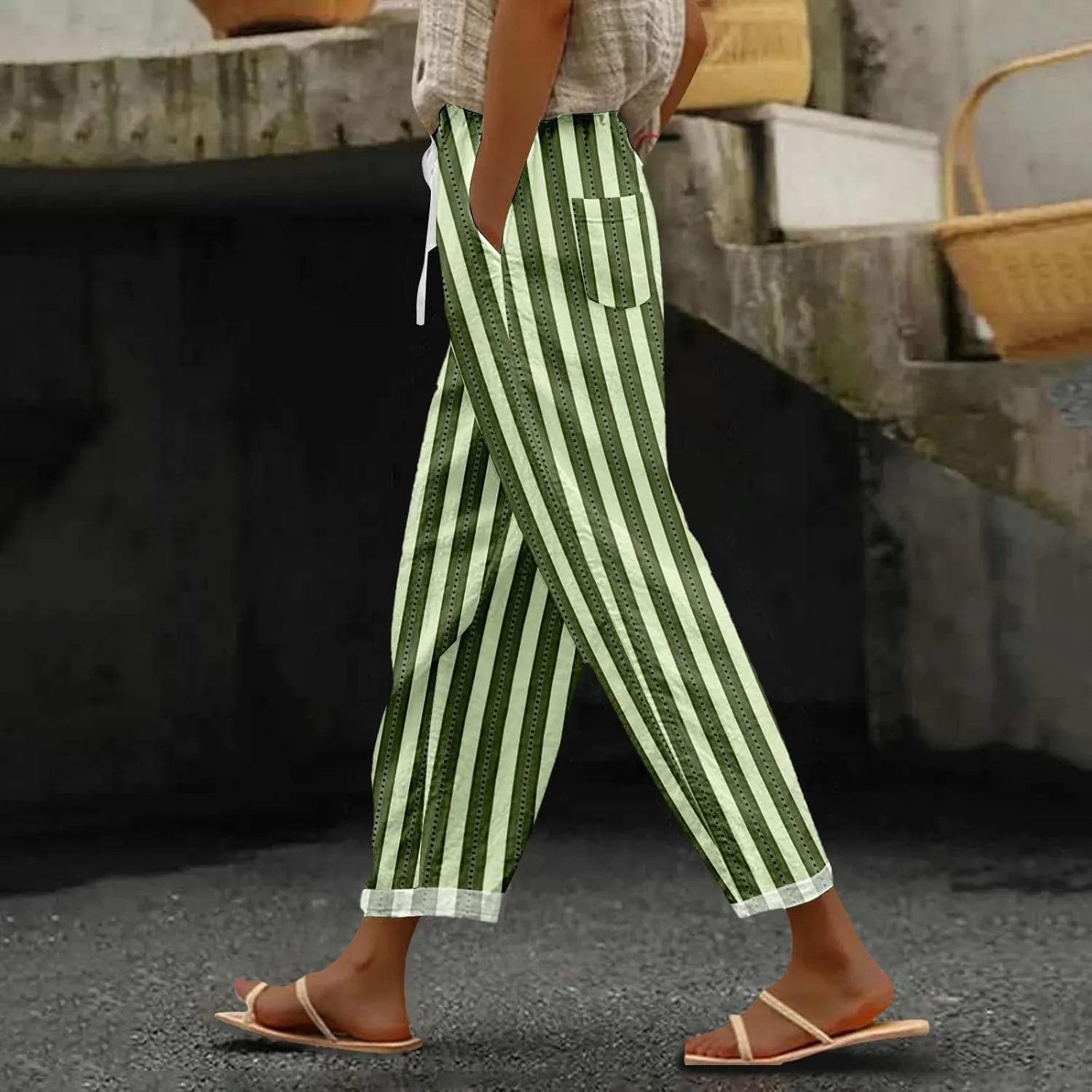 Striped Linen Pants for Women Elastic Waist Capris Petite Beachwear Lightweight Summer Beach Trousers with Pockets