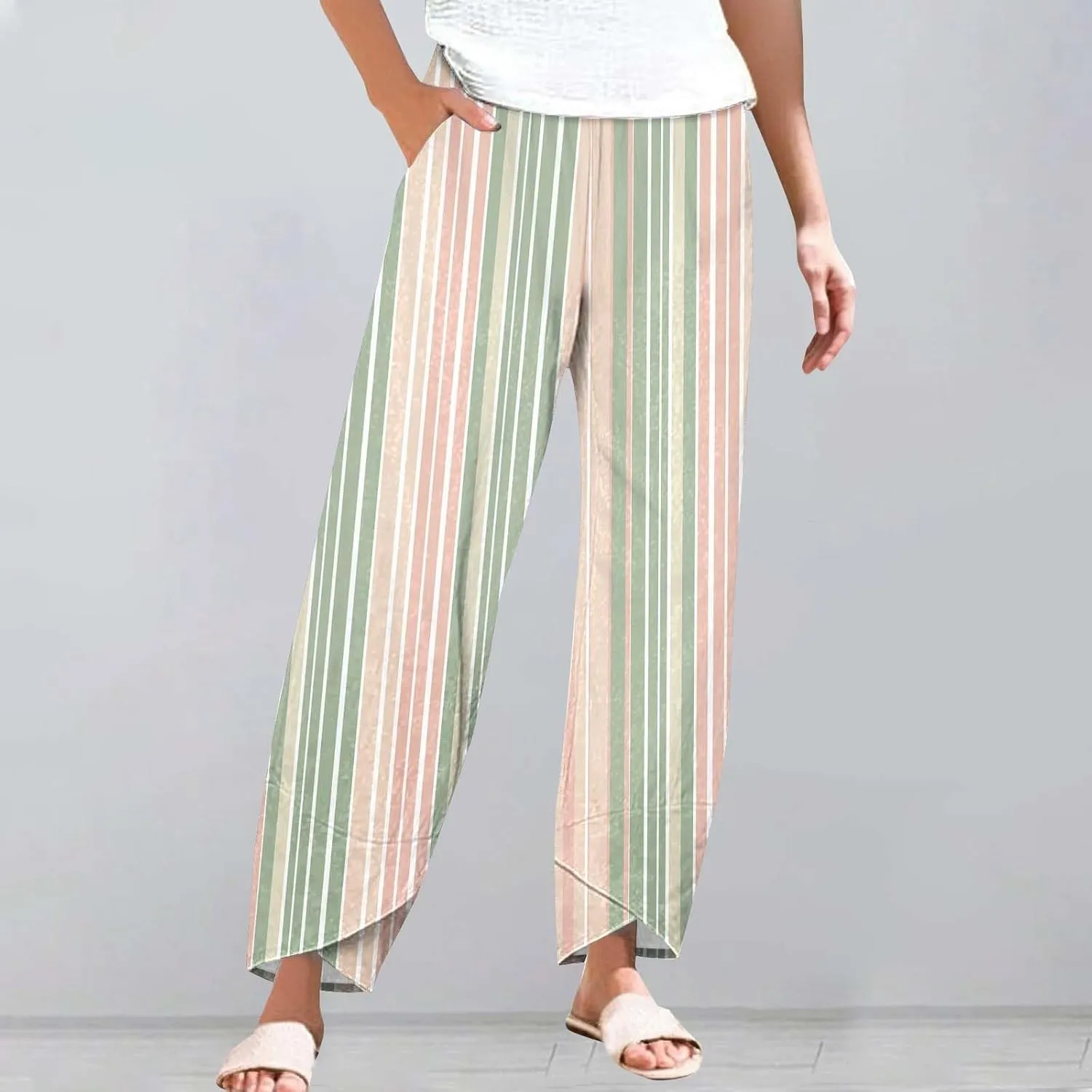 Striped Linen Pants for Women Summer Casual Straight Leg Capri Trousers Beach Relax Cropped Palazzo Pant with Pockets