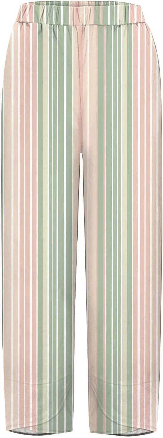 Striped Linen Pants for Women Summer Casual Straight Leg Capri Trousers Beach Relax Cropped Palazzo Pant with Pockets