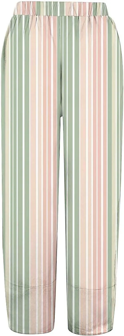 Striped Linen Pants for Women Summer Casual Straight Leg Capri Trousers Beach Relax Cropped Palazzo Pant with Pockets