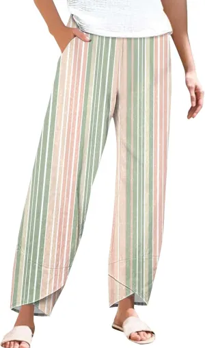 Striped Linen Pants for Women Summer Casual Straight Leg Capri Trousers Beach Relax Cropped Palazzo Pant with Pockets