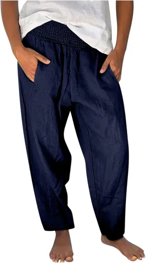 Summer Beach Pants for Women Casual Palazzo Linen Pants Smocked Elastic Waist Loose Trousers with Pockets