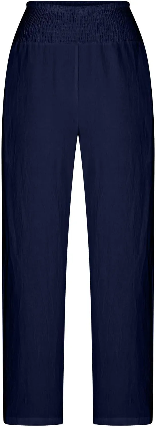 Summer Beach Pants for Women Casual Palazzo Linen Pants Smocked Elastic Waist Loose Trousers with Pockets