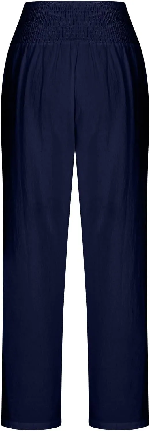 Summer Beach Pants for Women Casual Palazzo Linen Pants Smocked Elastic Waist Loose Trousers with Pockets