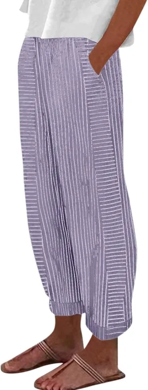 Summer Linen Pants for Women Striped Printed Side Button Pants Baggy Elastic Waist Straight Leg Trousers with Pockets
