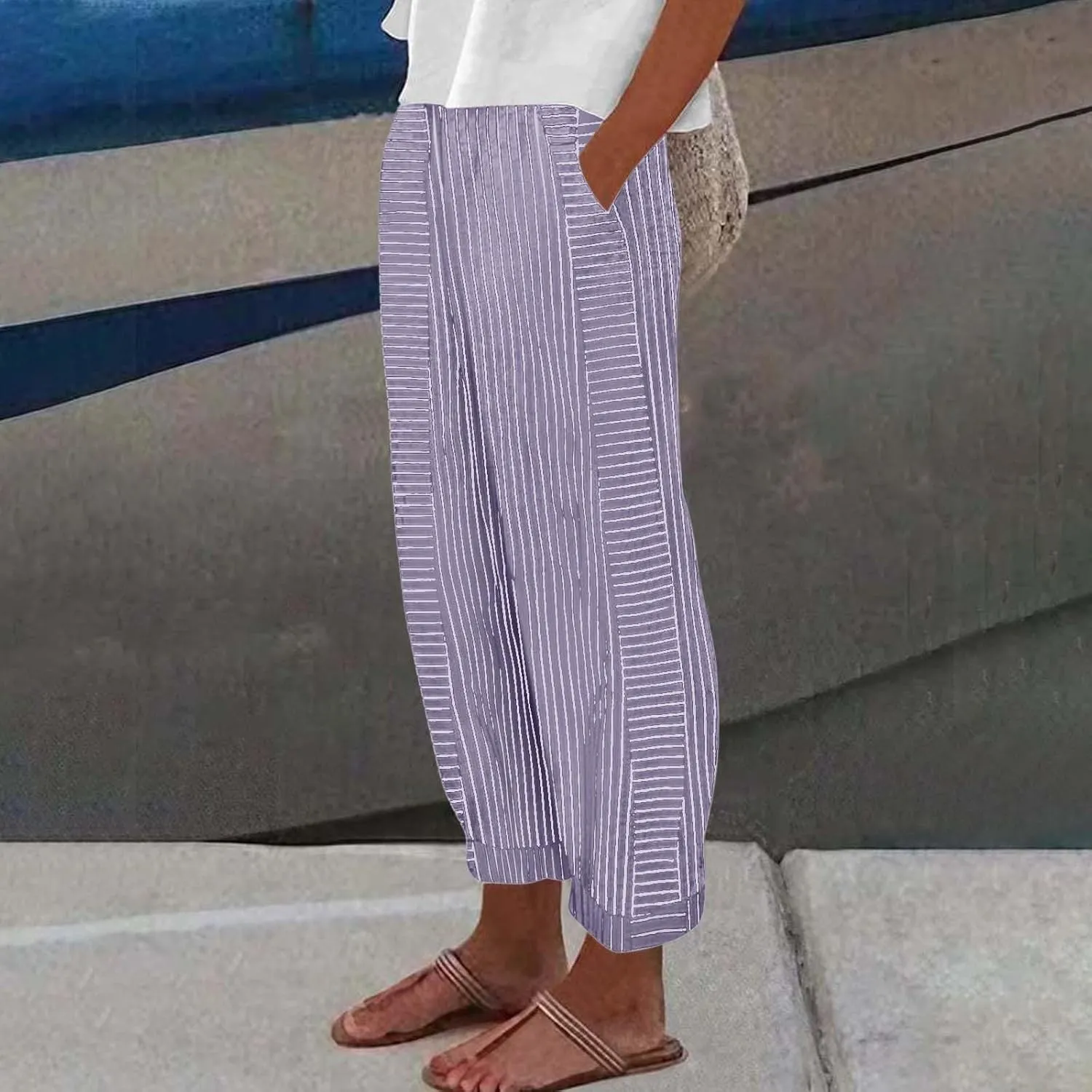 Summer Linen Pants for Women Striped Printed Side Button Pants Baggy Elastic Waist Straight Leg Trousers with Pockets