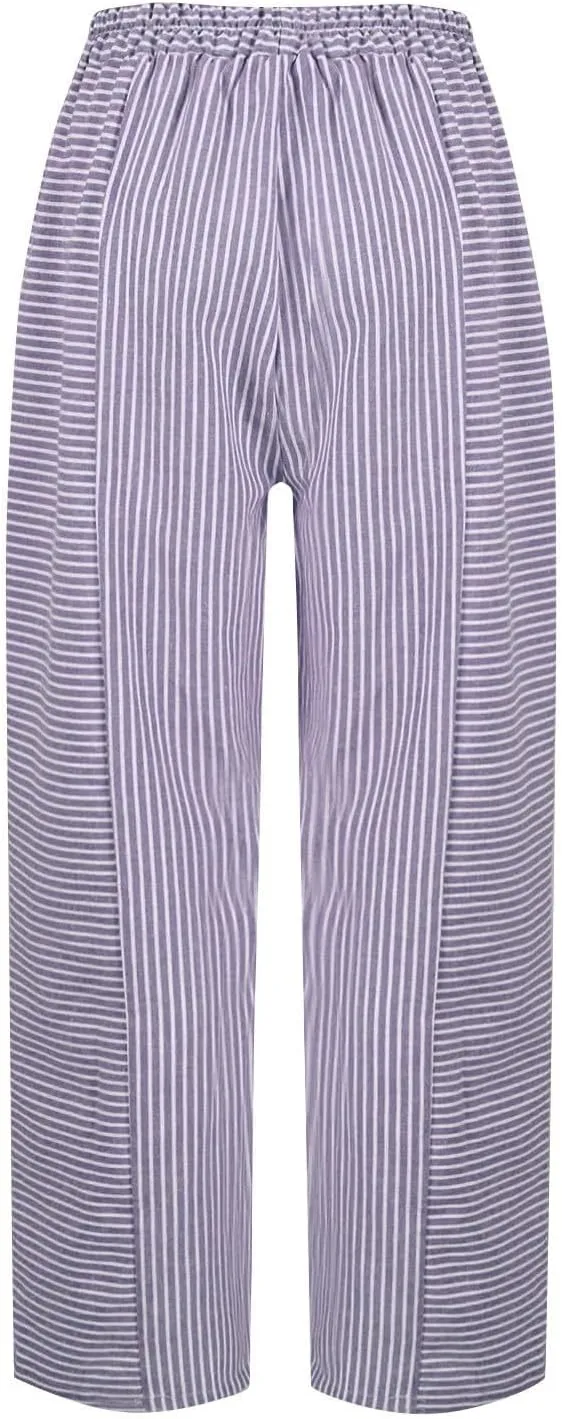 Summer Linen Pants for Women Striped Printed Side Button Pants Baggy Elastic Waist Straight Leg Trousers with Pockets