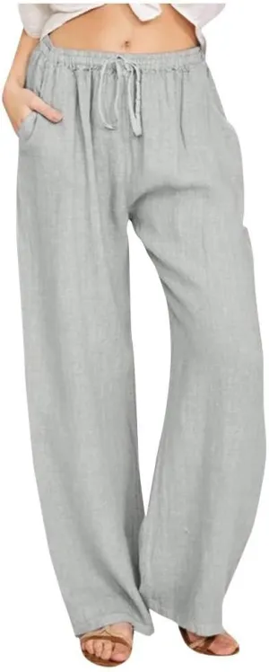 Summer Linen Wide Leg Pants for Women Casual High Waisted Palazzo Pants Loose Lightweight Beach Pants with Pockets