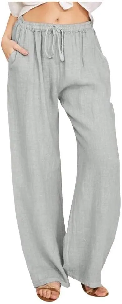 Summer Linen Wide Leg Pants for Women Casual High Waisted Palazzo Pants Loose Lightweight Beach Pants with Pockets