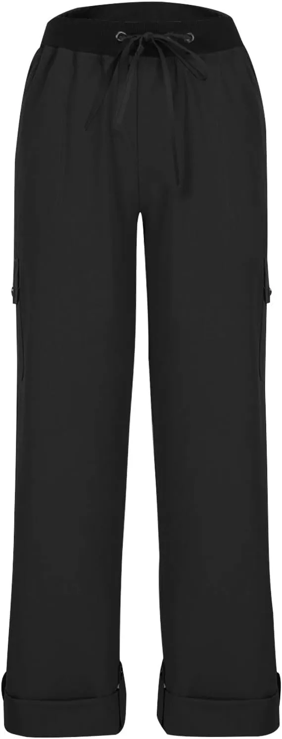 Summer Pants for Women 2024 Trendy High Waisted Drastring Pants Elastic Solid Button-On Trousers with Big Pockets