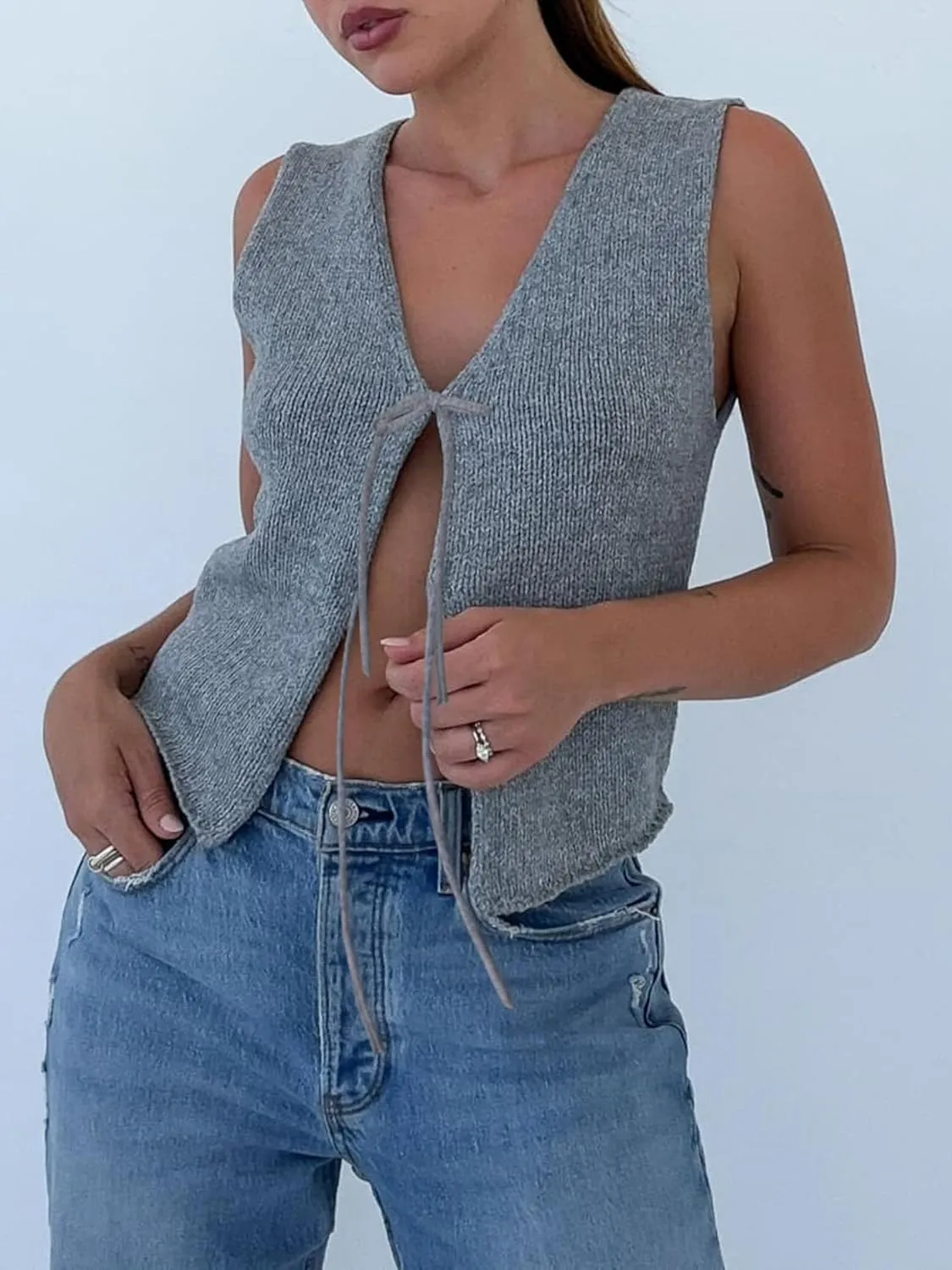 Sunloudy Women Knit Vest Tops Sleeveless Tie Front Crochet Vest V Neck Vintage Crop Sweater Tank Going Out Streetwear