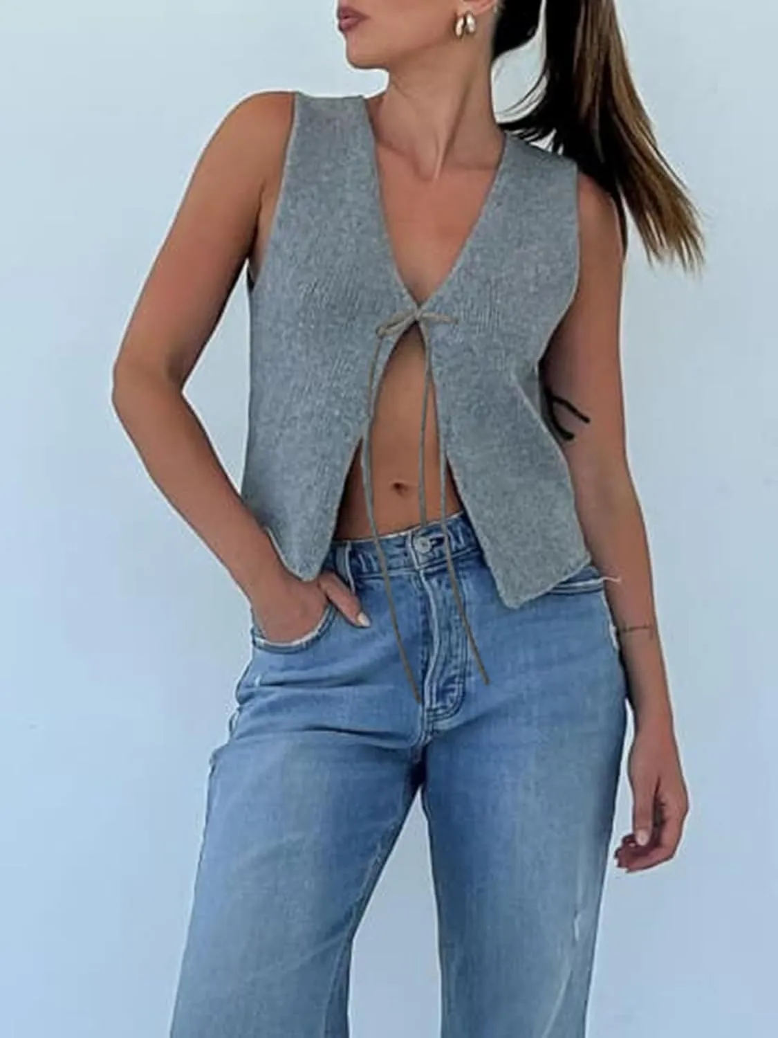 Sunloudy Women Knit Vest Tops Sleeveless Tie Front Crochet Vest V Neck Vintage Crop Sweater Tank Going Out Streetwear