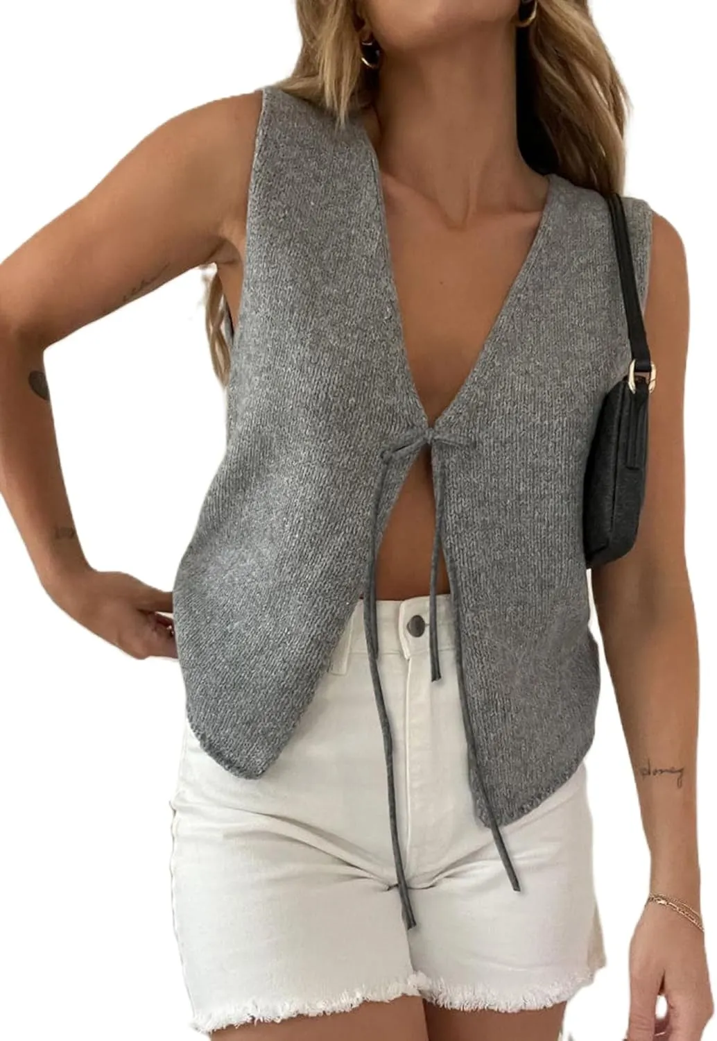 Sunloudy Women Knit Vest Tops Sleeveless Tie Front Crochet Vest V Neck Vintage Crop Sweater Tank Going Out Streetwear