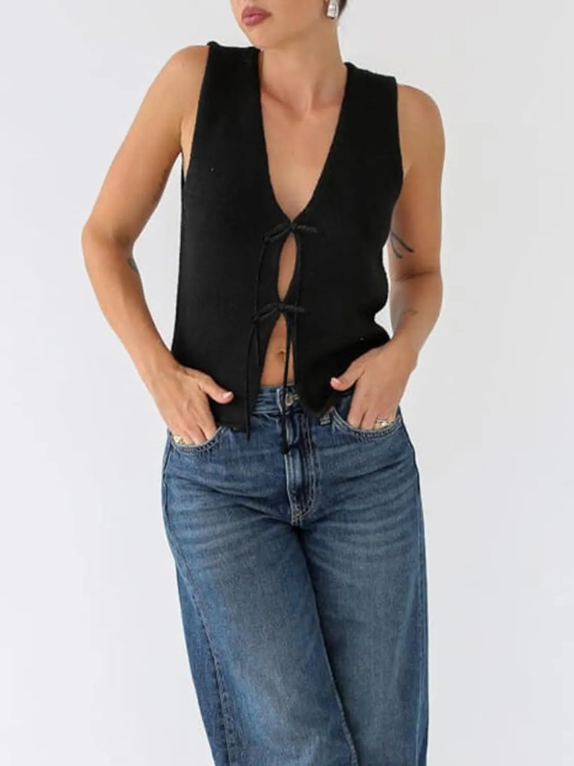 Sunloudy Women Knit Vest Tops Sleeveless Tie Front Crochet Vest V Neck Vintage Crop Sweater Tank Going Out Streetwear