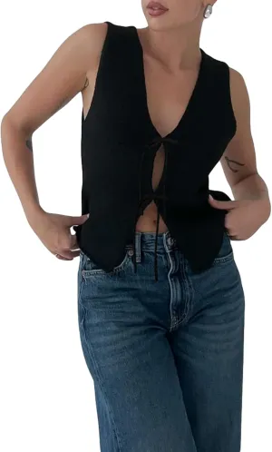 Sunloudy Women Knit Vest Tops Sleeveless Tie Front Crochet Vest V Neck Vintage Crop Sweater Tank Going Out Streetwear