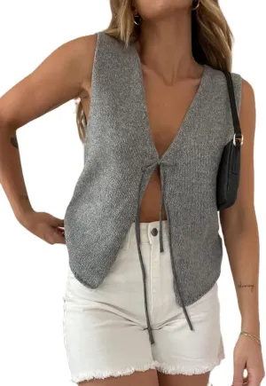 Sunloudy Women Knit Vest Tops Sleeveless Tie Front Crochet Vest V Neck Vintage Crop Sweater Tank Going Out Streetwear