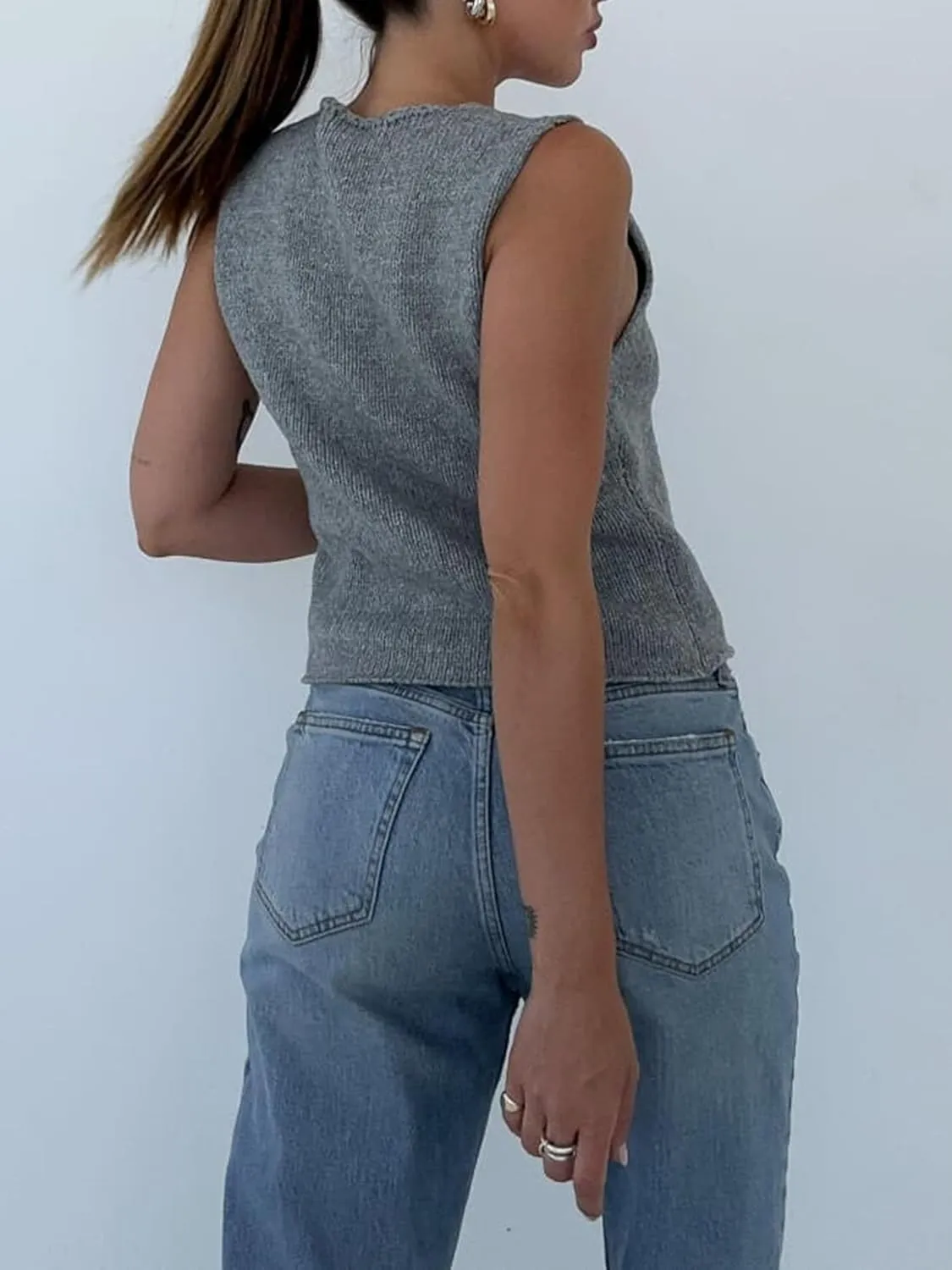Sunloudy Women Knit Vest Tops Sleeveless Tie Front Crochet Vest V Neck Vintage Crop Sweater Tank Going Out Streetwear