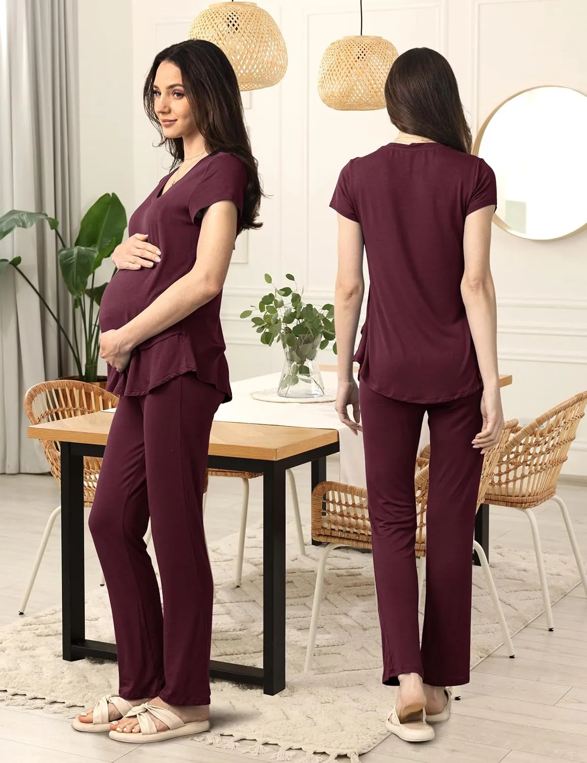 SUNNYBUY 3 PCS Maternity Breastfeeding Pajamas Set, Hidden Nursing Tops, Adjustable Pregnancy Shorts & Pants Postpartum PJS