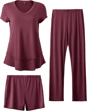 SUNNYBUY 3 PCS Maternity Breastfeeding Pajamas Set, Hidden Nursing Tops, Adjustable Pregnancy Shorts & Pants Postpartum PJS