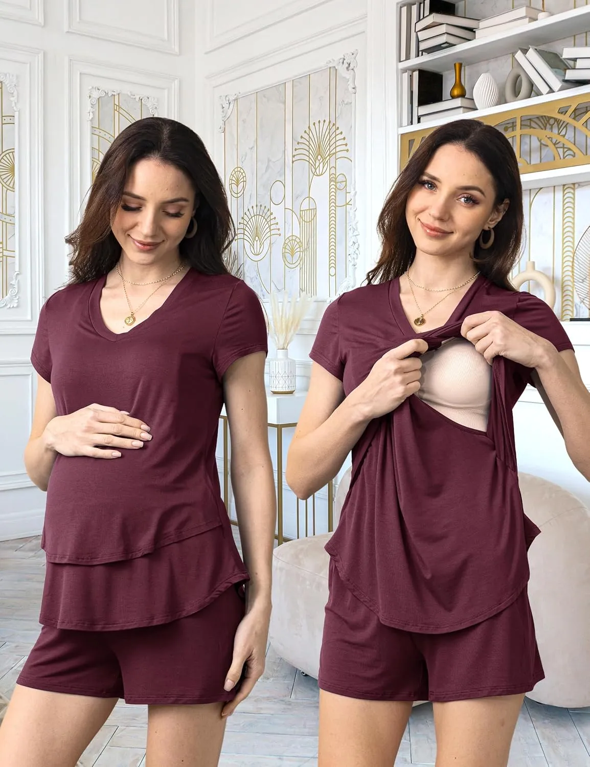 SUNNYBUY 3 PCS Maternity Breastfeeding Pajamas Set, Hidden Nursing Tops, Adjustable Pregnancy Shorts & Pants Postpartum PJS