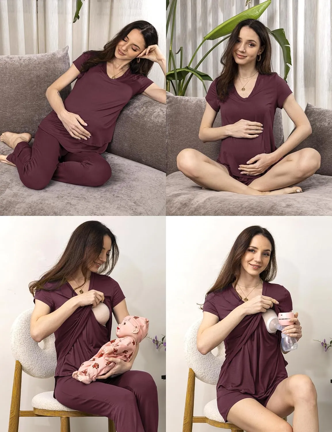 SUNNYBUY 3 PCS Maternity Breastfeeding Pajamas Set, Hidden Nursing Tops, Adjustable Pregnancy Shorts & Pants Postpartum PJS