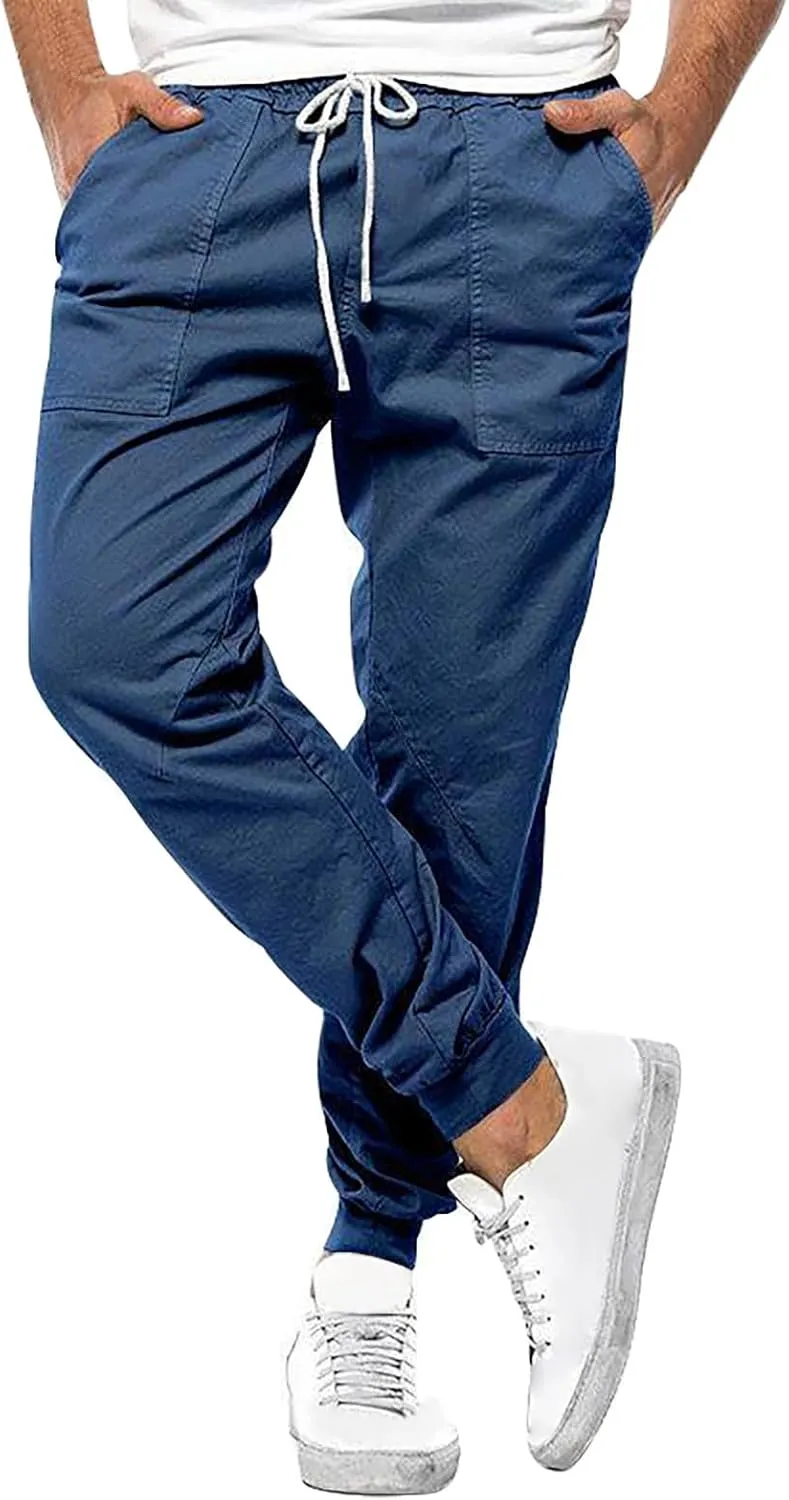 Sweat Pants for Mens Casual Drawstring Elastic Waist Solid Cargo Trousers Athletic-Fit Beam Feet Sport Pants