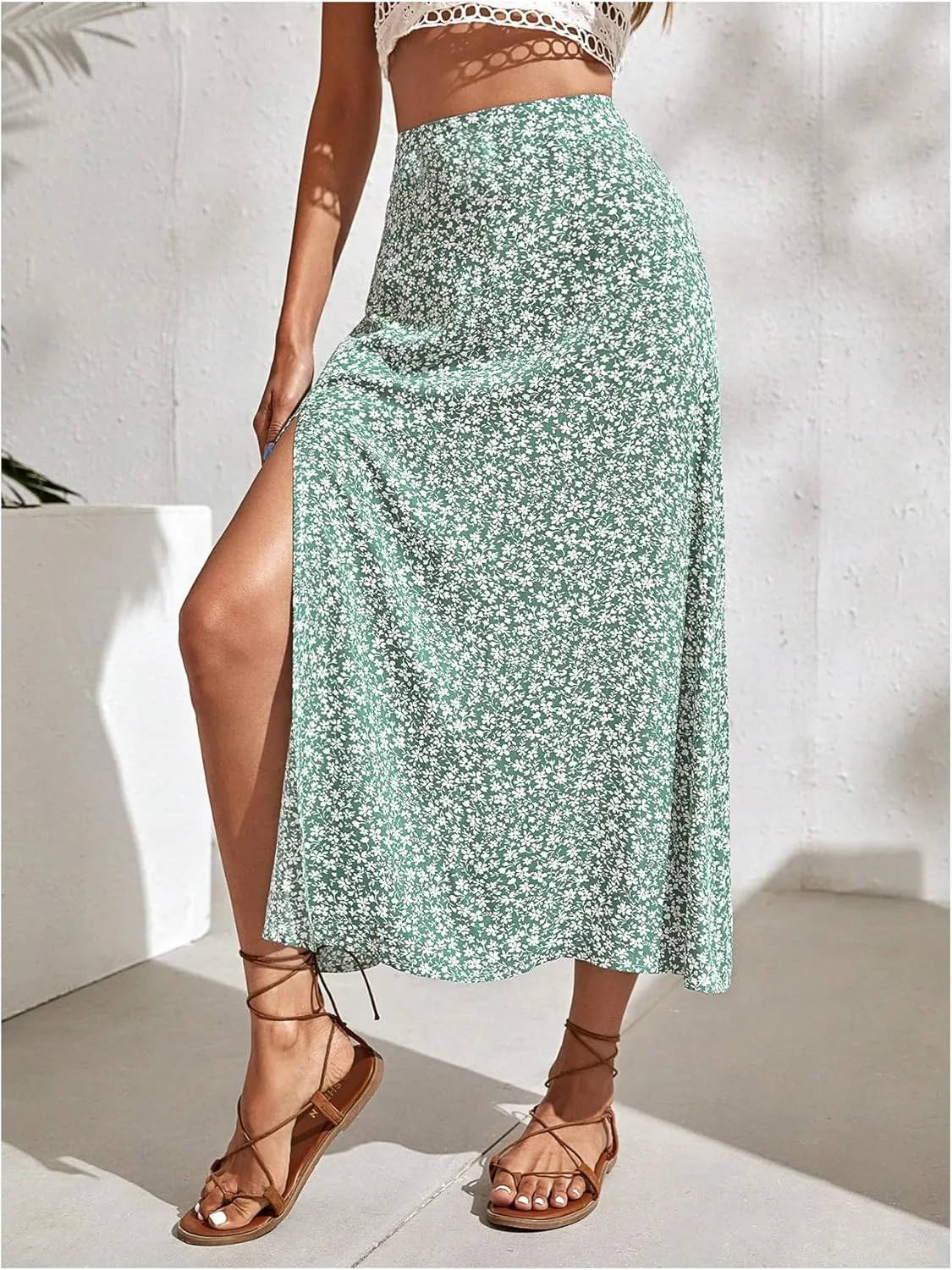 SweatyRocks Women's Ditsy Floral Print High Waist A Line Midi Skirts