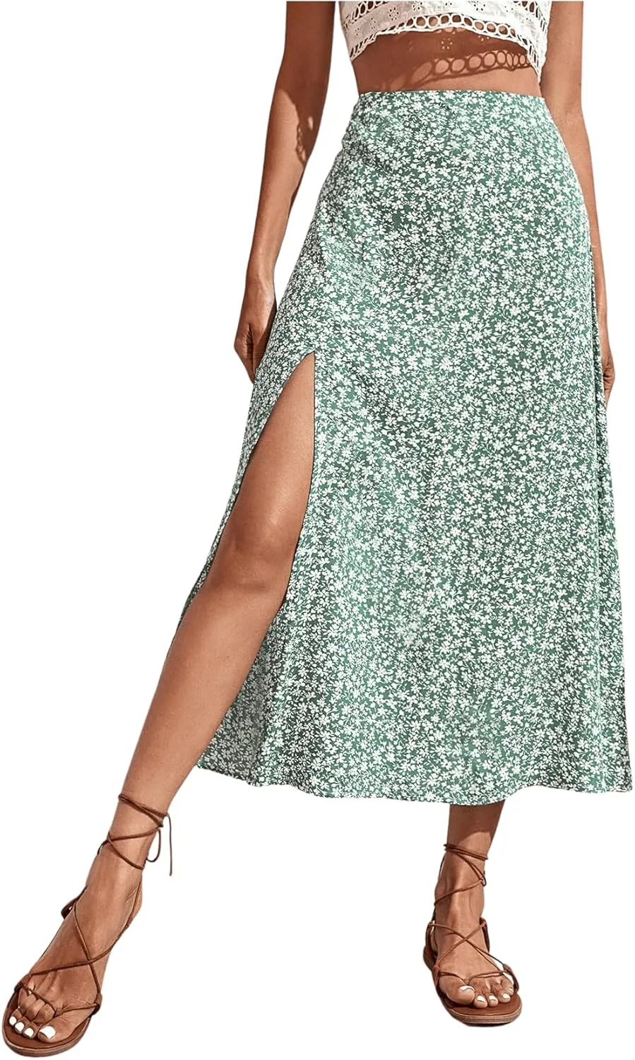 SweatyRocks Women's Ditsy Floral Print High Waist A Line Midi Skirts