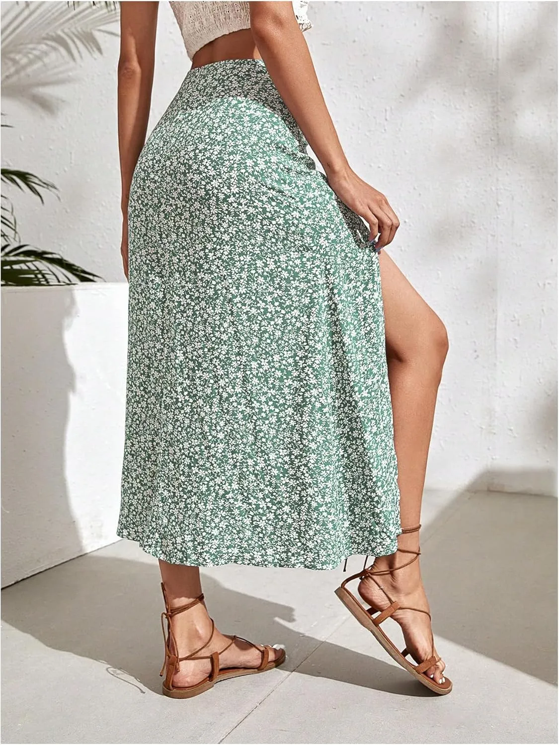 SweatyRocks Women's Ditsy Floral Print High Waist A Line Midi Skirts