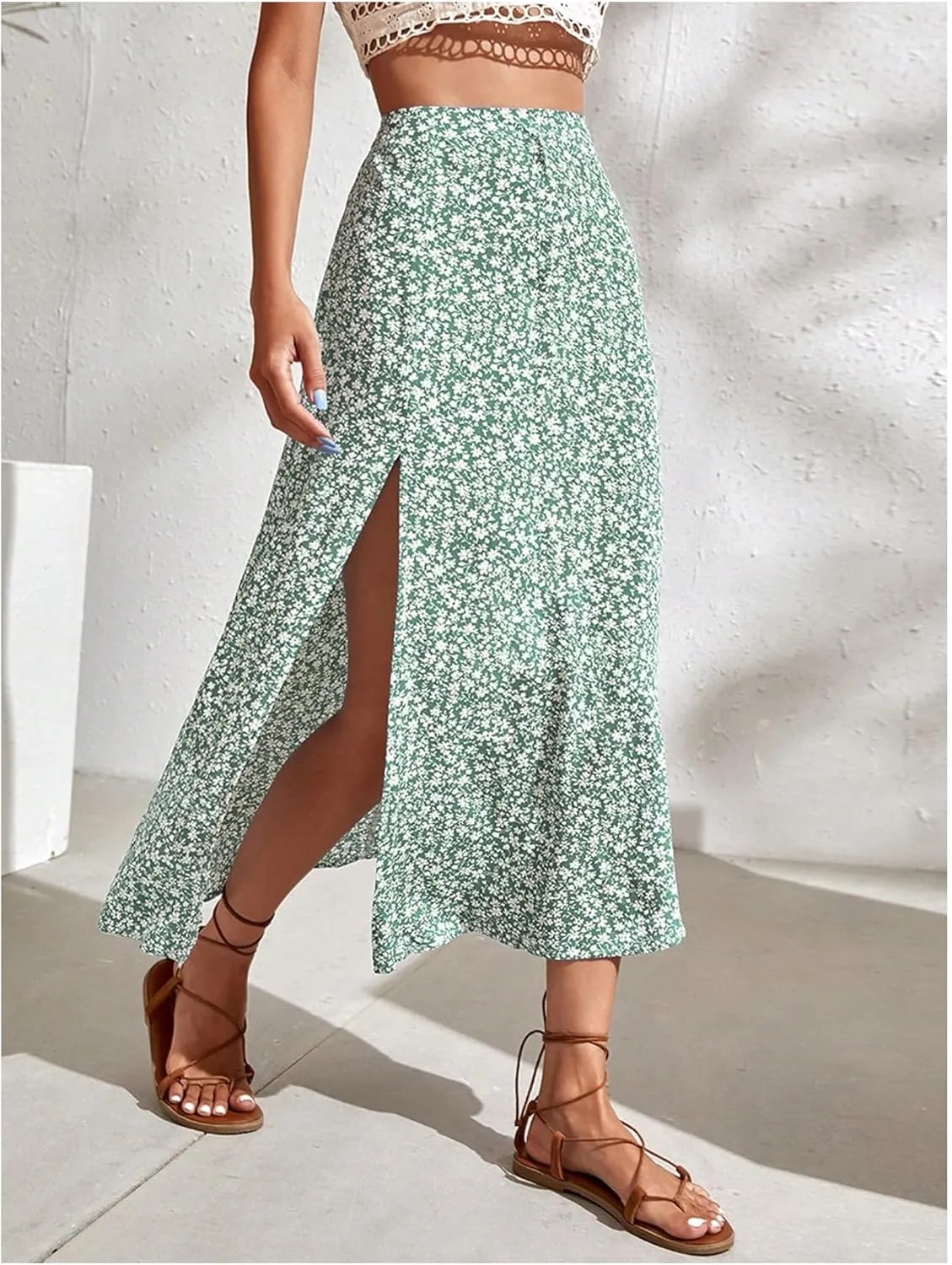 SweatyRocks Women's Ditsy Floral Print High Waist A Line Midi Skirts