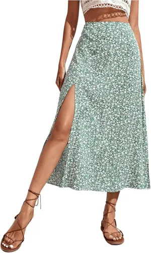 SweatyRocks Women's Ditsy Floral Print High Waist A Line Midi Skirts