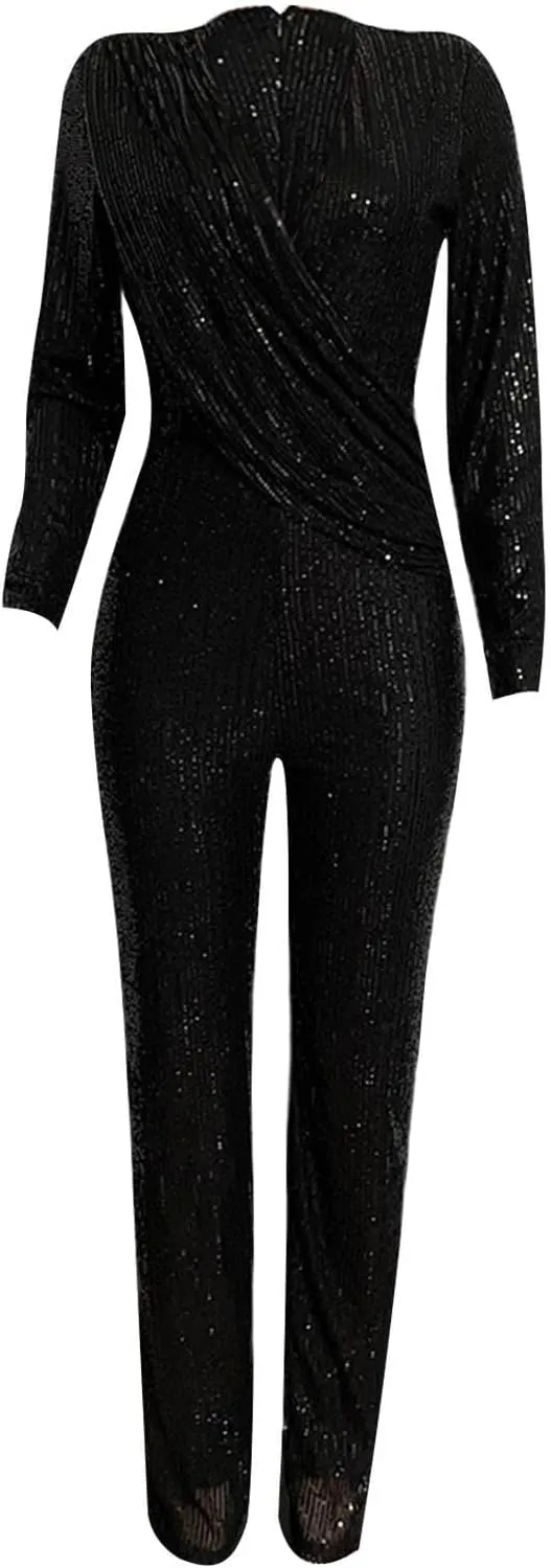 Uillui Womens Formal Sparkly Sequin Jumpsuits Cocktail Party Sexy V Neck High Waist Romper Long Sleeve Elegant Wide Leg Pant