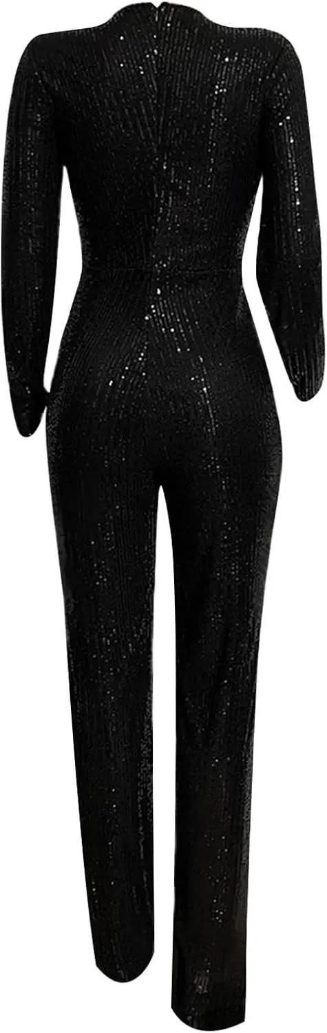 Uillui Womens Formal Sparkly Sequin Jumpsuits Cocktail Party Sexy V Neck High Waist Romper Long Sleeve Elegant Wide Leg Pant