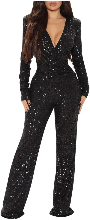 Uillui Womens Formal Sparkly Sequin Jumpsuits Cocktail Party Sexy V Neck High Waist Romper Long Sleeve Elegant Wide Leg Pant