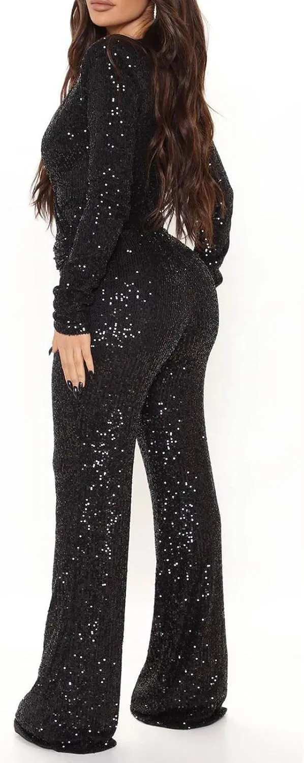 Uillui Womens Formal Sparkly Sequin Jumpsuits Cocktail Party Sexy V Neck High Waist Romper Long Sleeve Elegant Wide Leg Pant