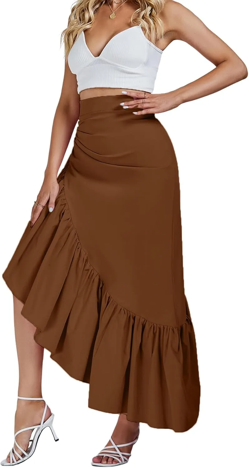 Umenlele Women's Ruched Ruffle High Low Asymmetrical Hem High Waist Midi Skirt