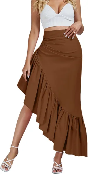 Umenlele Women's Ruched Ruffle High Low Asymmetrical Hem High Waist Midi Skirt