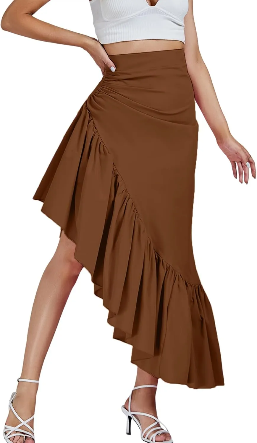 Umenlele Women's Ruched Ruffle High Low Asymmetrical Hem High Waist Midi Skirt