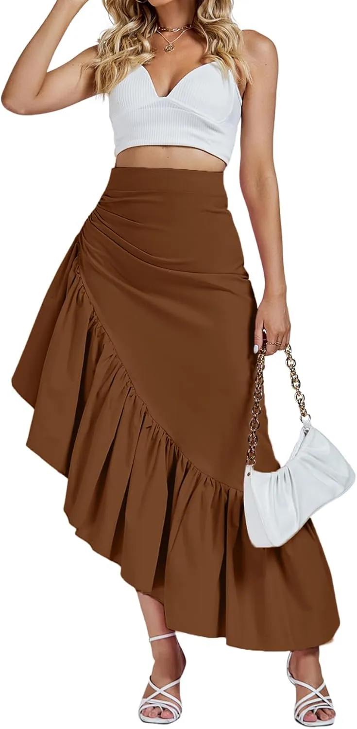 Umenlele Women's Ruched Ruffle High Low Asymmetrical Hem High Waist Midi Skirt