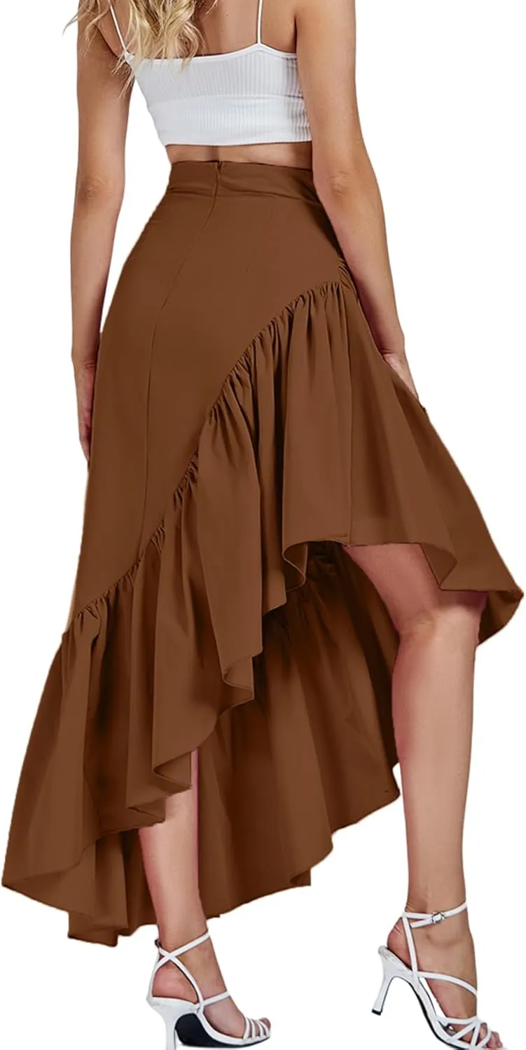Umenlele Women's Ruched Ruffle High Low Asymmetrical Hem High Waist Midi Skirt