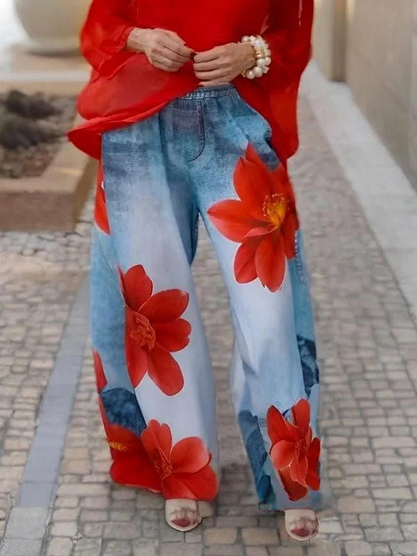 UOOZEE Women's Wide Leg Baggy Jeans Floral Elastic High Waist Loose Boyfriends Trousers Pants with Pockets